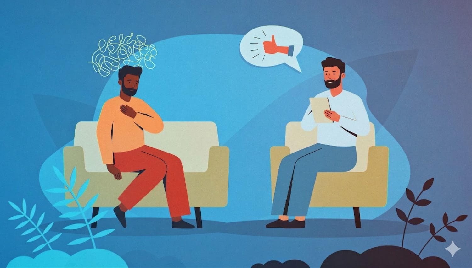 Dois homens sentados conversando; um deles parece angustiado, com um rabisco emaranhado sobre a cabeça, enquanto o outro dá um "joinha" de aprovação de forma automática, ilustrando a necessidade de agradar e a fuga de conflitos.